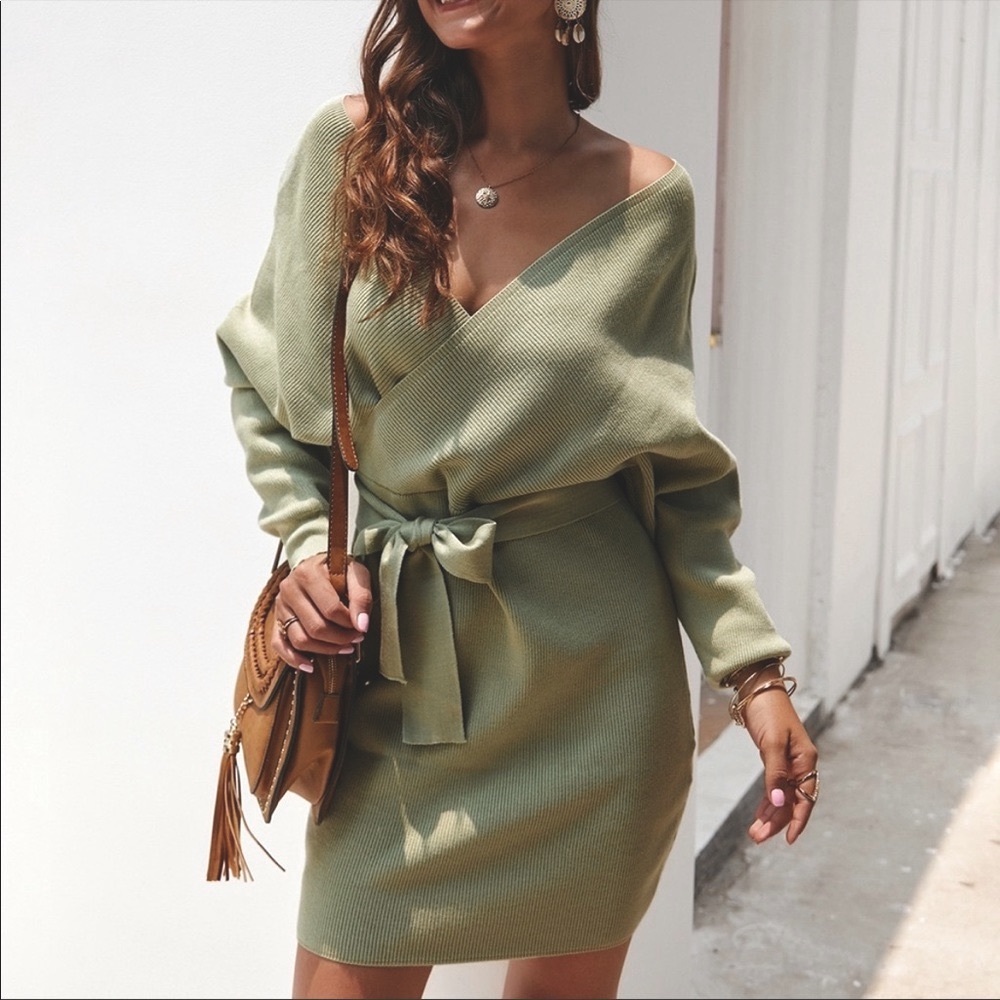 Classy Green Wrap Tie Waist Dolman Sweater Dress M - Picture 2 of 7